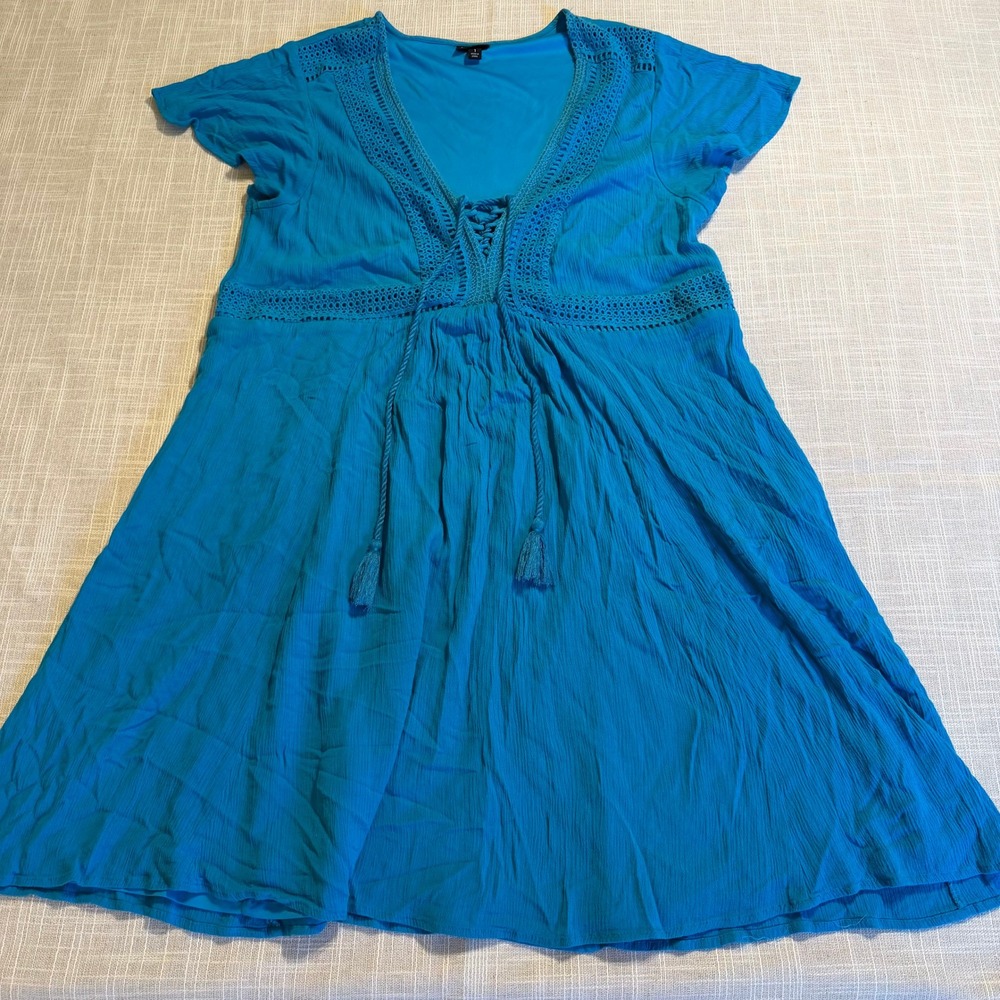Torrid Blue Crochet Lace Up Gauze Mini Dress Short Sleeve Pockets Plus Size 1
